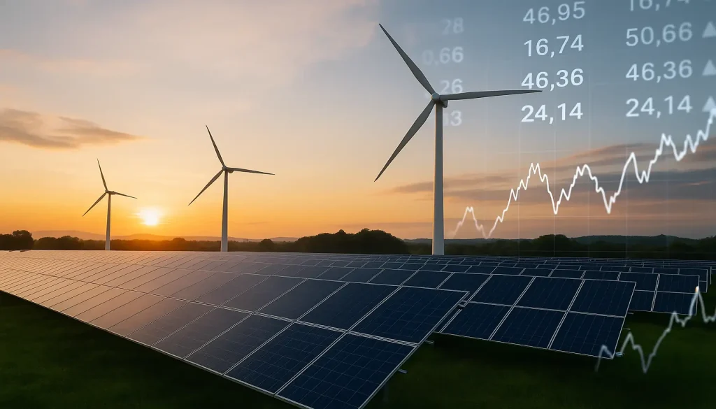 Clean energy investment represented by solar panels and wind turbines at sunset with financial growth chart overlay.