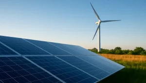 Clean energy investment shown through solar panels and a wind turbine in a natural landscape under a clear sky
