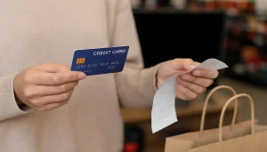 Person holding a credit card and a receipt while shopping, symbolizing smart credit card use for big purchases.