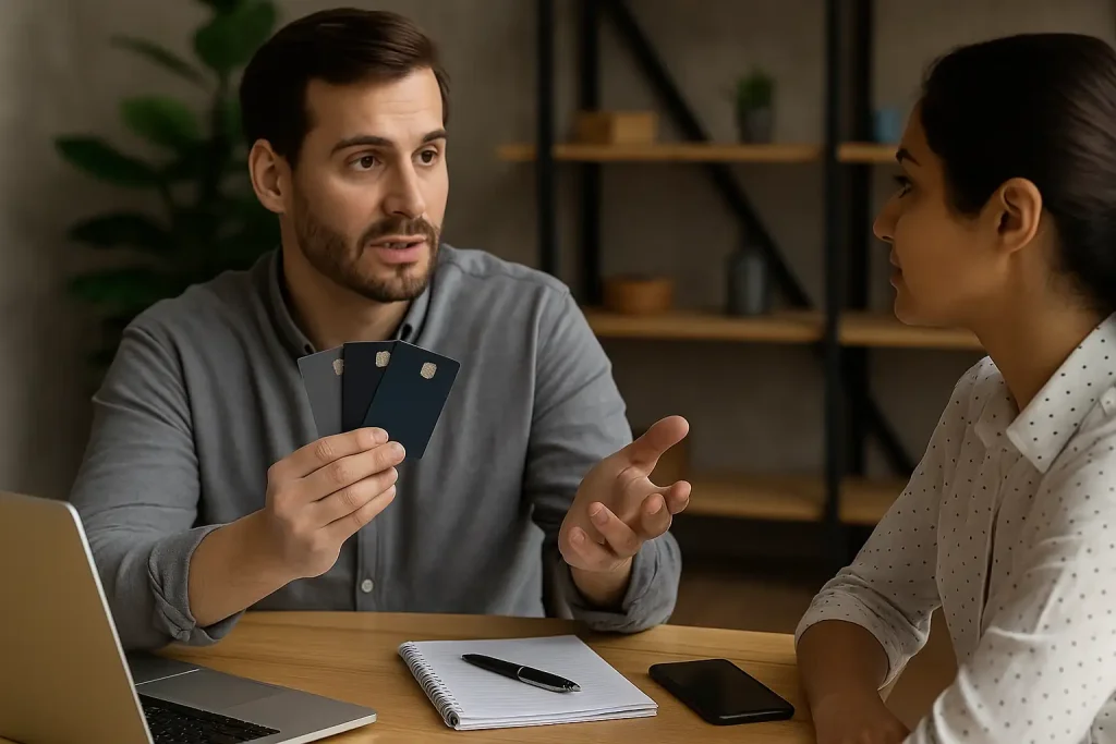A gig worker comparing different credit cards during a discussion, highlighting options for credit cards for gig workers.