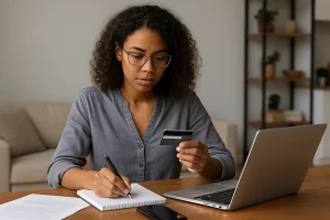 A gig worker reviewing a credit card while managing expenses on a laptop—ideal visual for content about credit cards for gig workers.
