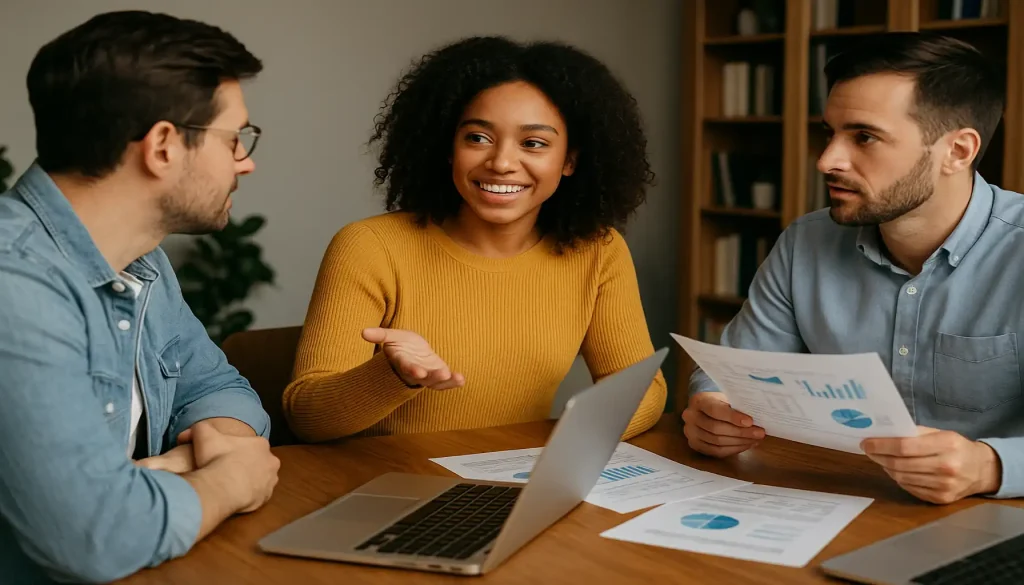 Group of individuals discussing money strategies with laptops and charts, reflecting the role of online communities in personal finance.