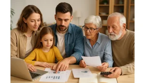 Three generations of a family gathered around a dining table reviewing documents, illustrating multigenerational financial planning in action.