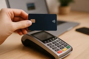 Close-up of a navy blue smart card with contactless payment symbol above a modern POS terminal, showcasing U.S. consumer technology.