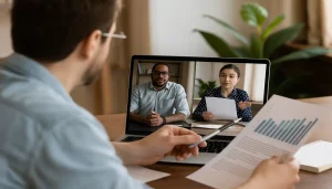 Realistic illustration of people from diverse backgrounds connecting through laptops in online communities to improve personal finances.
