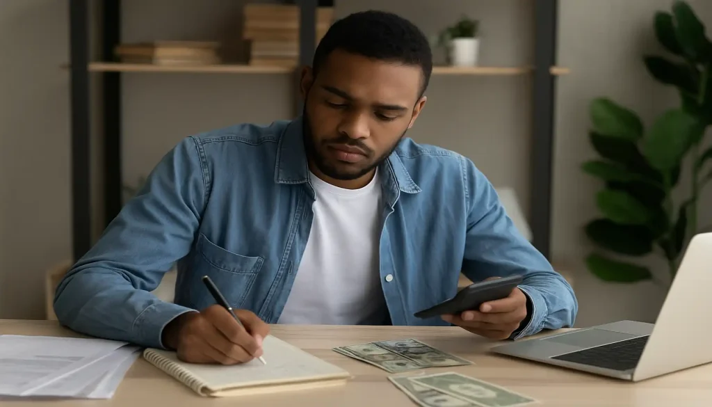 A young man calculating expenses and writing in a notebook with dollar bills on the table — a realistic moment of conscious budgeting at home.