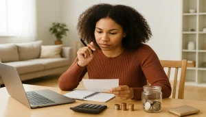 A young woman focused on her finances at home, reviewing a budget sheet with a calculator and coins on the table — illustrating conscious budgeting in practice.