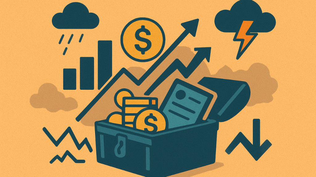Illustration of an open safe filled with coins, documents, and investment symbols, with arrows, charts, storm clouds, rain, and lightning around it, representing long-term assets contrasted with economic volatility.