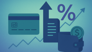 Abstract illustration of finance and debt, showing a credit card, a document with an upward arrow, a percentage sign, a wallet with a dollar coin, and rising graph lines in the background, symbolizing interest rates, credit growth, and financial management.