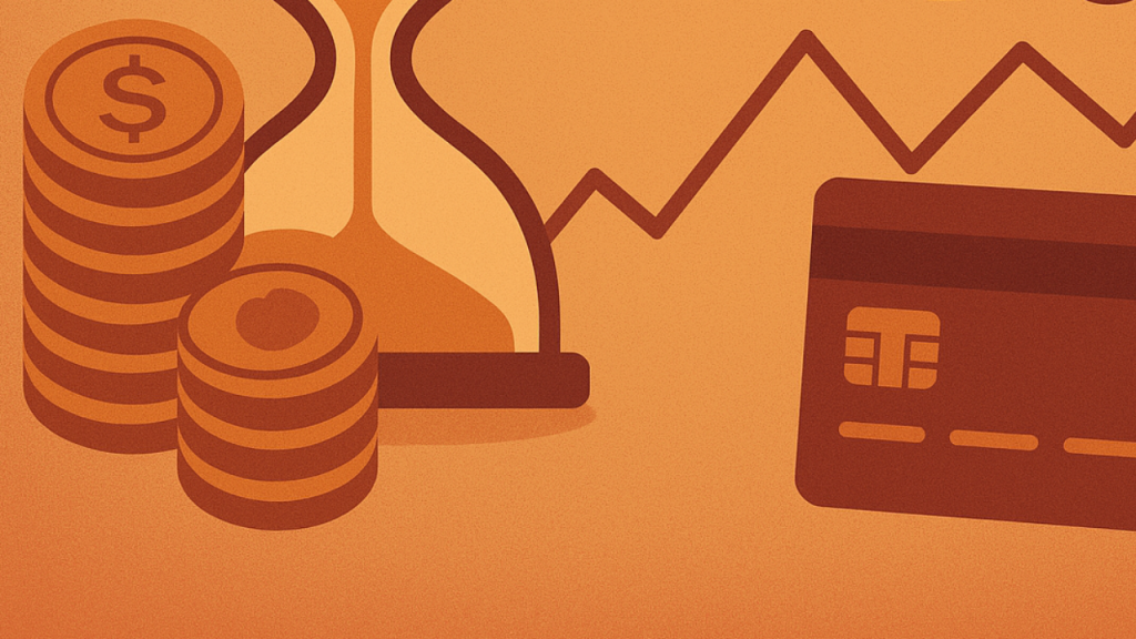 Ilustração em estilo flat, sem pessoas nem textos. Mostra uma ampulheta preenchida com moedas douradas caindo de cima para baixo, ao lado de um grande símbolo de porcentagem. Atrás, setas apontam para cima em tons frios de azul, roxo e verde, representando o aumento das taxas de juros.