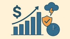 Illustration of a balanced scale with a gold coin on one side and stacked bars on the other, placed in front of abstract wave patterns symbolizing economic volatility. A large tree with deep roots stands behind, representing stability and long-term asset growth.