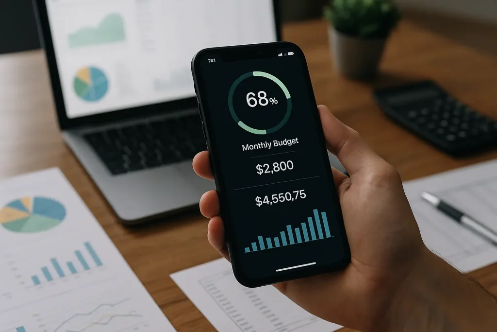A smartphone displaying AI budgeting tools with charts and graphs on screen, placed in a modern workspace with financial documents and a laptop in the background.