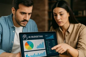 A man and woman analyzing financial dashboards on a laptop using AI budgeting tools, showing colorful charts and graphs in a professional setting.