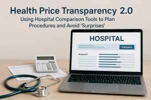 A laptop displaying a hospital comparison interface sits on a wooden desk alongside a stethoscope, a medical bill, and a white calculator. The screen shows charts and a “Compare” button, emphasizing tools that help patients evaluate hospital costs. The scene illustrates how greater price transparency supports informed medical decisions and improves personal finances by reducing unexpected expenses.