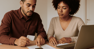 Couple reviewing household finances at a table, using a laptop and paperwork while comparing a credit card option for managing expenses.
