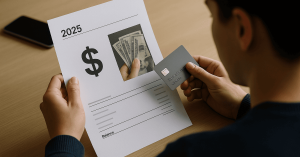 Person holding a 2025 financial statement and a **credit card**, reviewing cash details and balance at a desk.