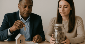 Man in a suit places a key over a small house model beside a woman holding a jar of coins, illustrating shared savings and real-estate investments