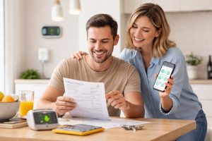A smiling couple reviewing household bills at a kitchen table while using a smartphone app to monitor home energy usage, highlighting smart technology and responsible finances.