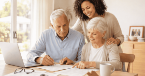 Elderly couple reviewing documents at home with family support, discussing finances and financial planning together.