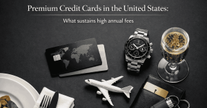 Credit card premium benefits in the United States shown through a luxury credit card, wristwatch, airplane model, fine dining setting and champagne glass, illustrating high-end credit card perks, travel rewards and lifestyle value that justify premium annual fees.