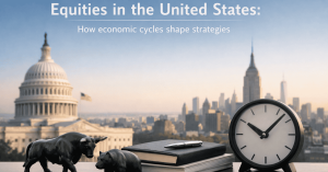Investments in the United States illustrated by Wall Street bull and bear figures, a clock symbolizing economic cycles, notebooks and pen, with the U.S. Capitol and city skyline in the background, representing equity strategies over time.