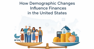 Illustration showing how demographic changes influence finances in the United States, with diverse families balanced against savings, a house, calculator, and coins, representing the impact of population shifts on personal and national finances.
