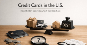 Credit cards on a wooden desk beside stacked coins and a magnifying glass, with a balance scale comparing rewards like travel and shopping to real cost, illustrating how hidden benefits impact the true cost of credit card use in the United States.