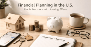 Image titled “Financial Planning in the U.S. – Simple Decisions with Lasting Effects” on a light wood desk background. The scene includes a small wooden house model, stacks of coins, a white piggy bank, a cup of coffee, eyeglasses, and a notebook labeled “Financial Planning” with a pen. A smartphone displaying a financial app and a set of house keys with a home-shaped keychain are placed nearby, symbolizing budgeting, saving, and long-term financial decisions