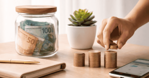 Glass jar filled with cash savings sits on a desk beside neatly stacked coins, as a hand adds another coin to the pile, symbolizing personal finances and disciplined saving. A notebook, pen, smartphone with financial data, and a small plant are arranged nearby, representing budgeting, money management, and long-term financial planning in the United States.