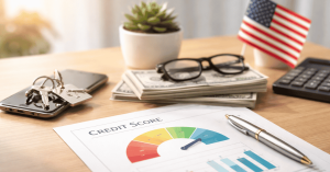 A desk scene showing a credit score report with a colorful gauge chart placed on top of financial documents, representing personal credit evaluation and financial planning. Nearby are stacks of U.S. dollar bills with a pair of eyeglasses resting on top, a calculator, and a pen, indicating budgeting and financial analysis. A smartphone with a set of house keys lies beside the documents, symbolizing financial transactions and property-related expenses. In the background, a small U.S. flag and a potted plant reinforce the context of personal finance, credit management, and economic activity in the United States.