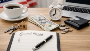 A detailed scene of personal finances planning on a wooden desk, featuring a notebook labeled “Financial Planning” with a pen resting on it, alongside a stack of US dollar bills, scattered coins, a black wallet, and a small house keychain symbolizing home ownership. In the background, a cup of coffee, an alarm clock, a laptop, and a blurred American flag create context around budgeting, time management, and financial responsibility. The composition highlights everyday finances decisions and money management in a practical setting.
