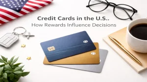 Modern desktop scene featuring multiple credit card options stacked on a clean surface, with a U.S. flag, glasses, coffee cup, and notebook around, illustrating how credit card rewards influence financial decisions in the United States.