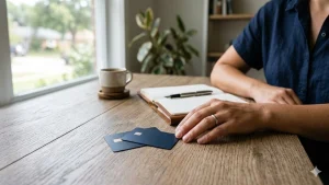 Person sitting at a wooden table with two credit card options placed in front, alongside a notebook and coffee, representing conscious credit card use in the U.S. and thoughtful financial decision-making strategies that go beyond simply relying on the available credit limit.