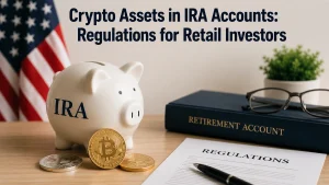 Minimalist and realistic financial scene featuring a white piggy bank labeled “IRA” beside Bitcoin and Ethereum coins on a wooden desk, with a blurred American flag in the background, retirement account book, eyeglasses, and regulation document. Large headline text reads “Crypto Assets in IRA Accounts: Regulations for Retail Investors.” The composition conveys retirement planning, crypto investments, and U.S. financial regulation in a clean professional office setting.