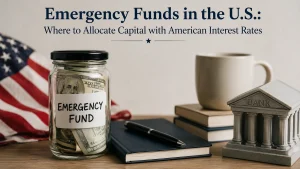 Minimalist realistic banner about finances showing an emergency fund concept in the United States, with the title “Emergency Funds in the U.S.: Where to Allocate Capital with American Interest Rates” at the top. The scene features a glass jar labeled “Emergency Fund” filled with U.S. dollar bills, an American flag softly blurred in the background, a notebook with a pen, stacked books, a coffee mug, and a small classical bank model on a wooden desk. Neutral tones, balanced lighting, and clean composition emphasize financial planning and secure capital allocation in the U.S. market.