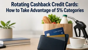 Realistic and minimalist banner about a credit card with rotating cashback rewards in the United States. The image shows a leather wallet with partially visible credit cards placed on a light-colored desk, alongside a cup of coffee, a grocery bag filled with fresh food, and a gas pump in the background. At the top of the image, the title ‘Rotating Cashback Credit Cards: How to Take Advantage of 5% Categories’ appears prominently. The composition features soft lighting, high sharpness, balanced contrast, and a modern visual style related to credit card rewards and cashback categories.
